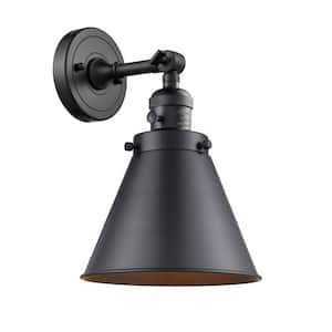 Appalachian 8 in. 1-Light Matte Black Wall Sconce with Matte Black Metal Shade with On/Off Turn Switch