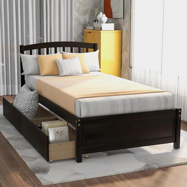 Espresso Twin Size Wood Platform Bed with Two Drawers, Solid Kids Captain Platform Bed Frame, No Box Spring Needed
