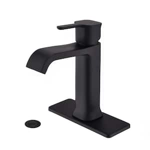 Single Handle Single Hole Bathroom Faucet with Brass Deckplate and Drain Assembly in Matte Black