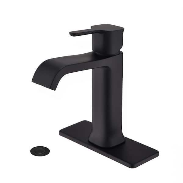 PROOX Single Handle Single Hole Bathroom Faucet with Brass Deckplate and Drain Assembly in Matte Black