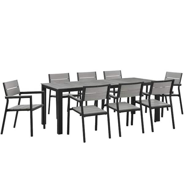 Modway Maine Aluminum 9-Piece Outdoor Patio Dining Set with 80 in. Dining Table and 8-Dining Armchairs in Brown Gray