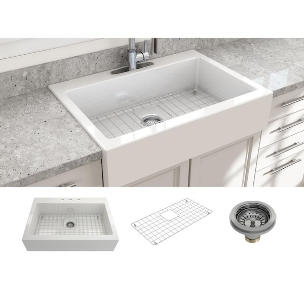 BOCCHI Nuova White Fireclay 34 in. Single Bowl Drop-In Apron Front Kitchen Sink with Protective Grid and Strainer