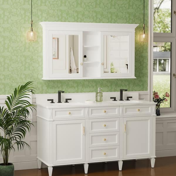 55 in. W x 30 in. H Rectangular Solid Wood White Medicine Cabinet with Mirror Surface Mount