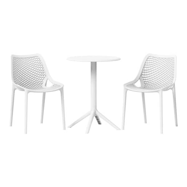 Frond and Form Outdoor Patio Modern HDPE Plastic 3-Piece Indoor/Outdoor Bistro Set w/ Stackable Chairs, White