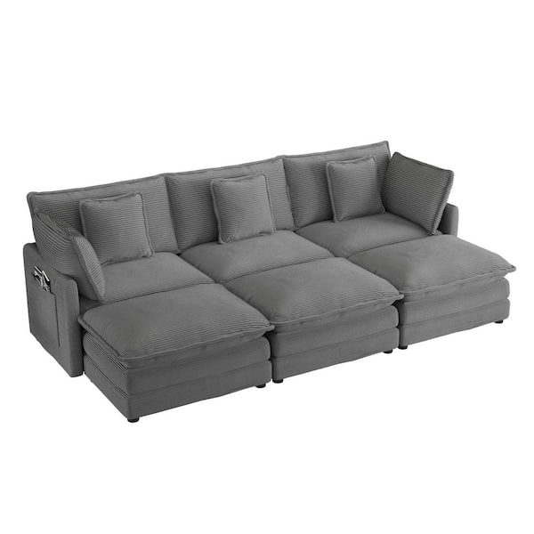 112.6 in. Corduroy Upholstered Modular Sectional Sofa in. Dark Gray with Movable Ottomans