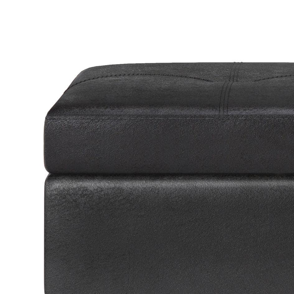 Distressed Black Tufted Footstool Ottoman with Sturdy Tray