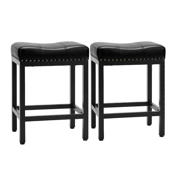 FIRNEWST 24 in. Black Backless Metal Frame Counter Height Bar Stool PU Leather Saddle Stools (Set of 2)