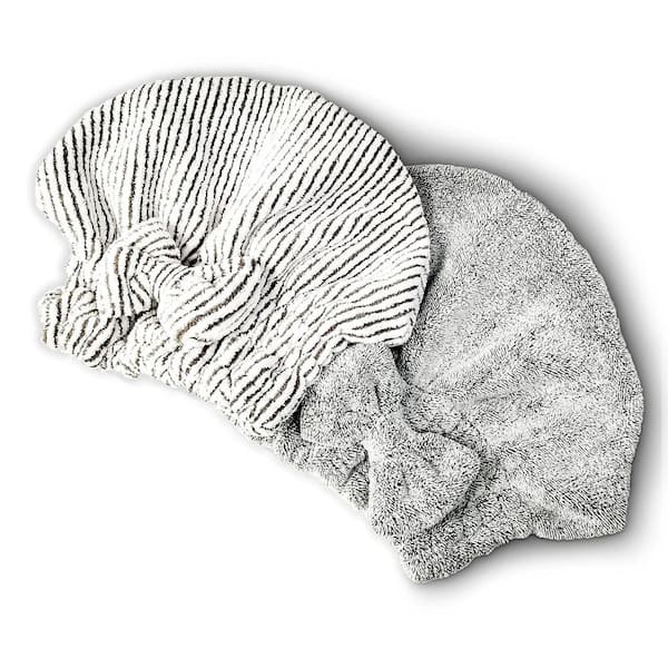 Gray Stripe Hair Towel Wrap Bath Accessory Soft Microfiber Quick Drying Super Absorbent for Curly Thick Hair 2-Pieces