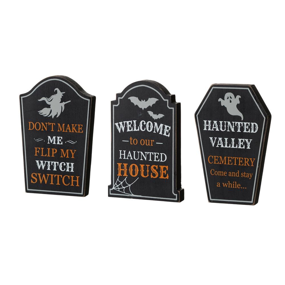 Wooden　Home　Depot　2006200012　Glitzhome　Table　H　3)　of　(Set　The　Tombstone　Halloween　in.　Sign