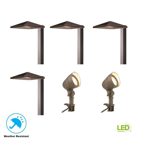 Hampton Bay - Low-Voltage Bronze Outdoor Integrated LED Landscape Light Kit with 2 Flood Lights and 4 Path Lights (6-Pack)