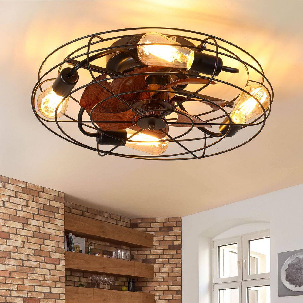 19.7 in. 4-Light Black and Wood Grain Industrial Metal Cage Flush Mount Ceiling Fan with Light Kit and Remote price history on PriceWatchPro