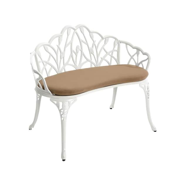 HOMEFUN 2-Person Tulip Carving White Cast Aluminum Outdoor Bench with Beige Cushion