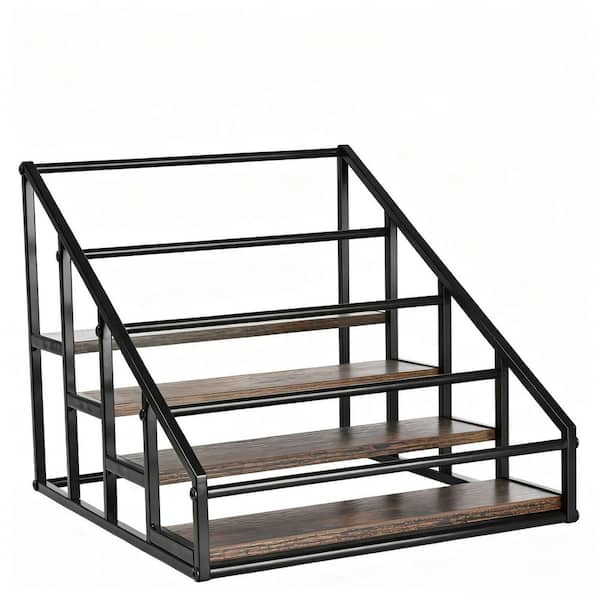 4-Tier 16 Bottles Holder Black and Coffee Neutral Metal and Wood Kitchen Organizer Rack for Spice and Bottle Storage