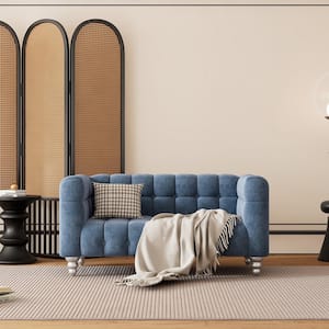 63 in. Square Arm Dutch Fluff Polyester Rectangle Buttoned Tufted Sofa in Blue with Solid Wood Legs