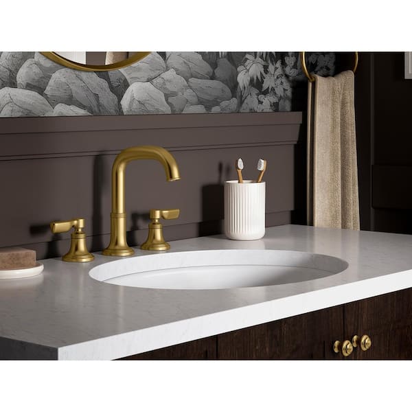 Paces 8 in. Widespread Double Handle Bathroom Faucet with Lever Handles in Vibrant Brushed Moderne Brass