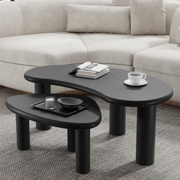 Dovelina Cashew 48 in. Modern Black Solid Wood Oak Kidney-Shaped Wood Coffee Table with 2-Pieces