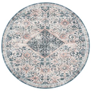 Journey Ivory/Pink 7 ft. x 7 ft. Machine Washable Floral Distressed Round Area Rug