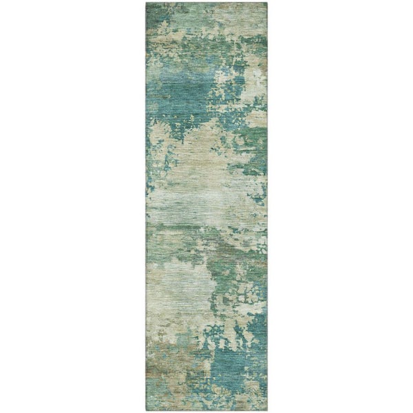 Mayfield Premium Machine Washable Abstract AMF2067 Teal 2 ft. x 7 ft. Runner Rug