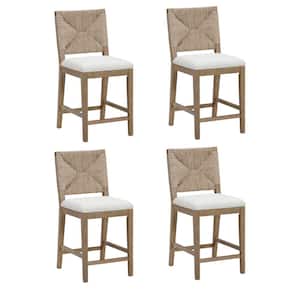 Beacon 24 in. Bohemian Boucle Upholstered Wood Counter Height Bar Stool w/ Woven Back, Cream Boucle/Light Brown,Set of 4