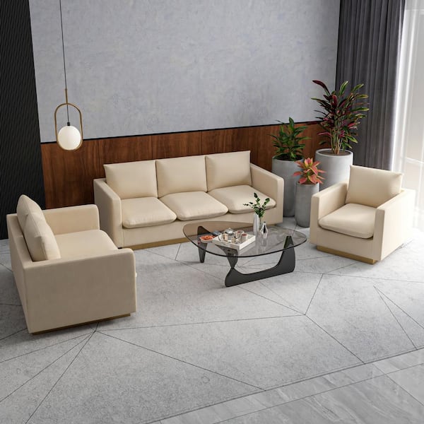 Leisuremod 3-Piece Sofa Set Upholstered in Velvet with Gold Stainless Steel Base and Removable Cushions in Beige