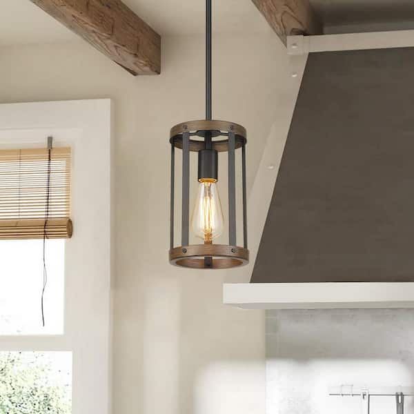 JAZAVA 1-Light Matte Black/Wood Single Chandelier Pendant Light with Metal Shade
