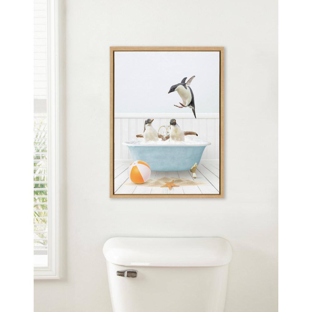 Natural Framed Canvas Art with Penguins in Beach House Bath, 18x24