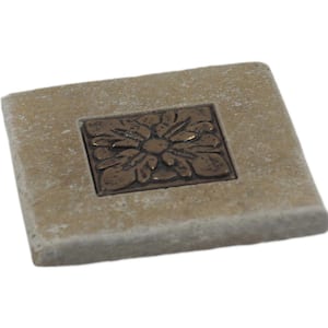 Tumbled Chiaro Travertine 4 in. x 4 in. with 2 in. x 2 in. Renaissance Bronze Metal Accent Wall Tile (8-Piece/Case)