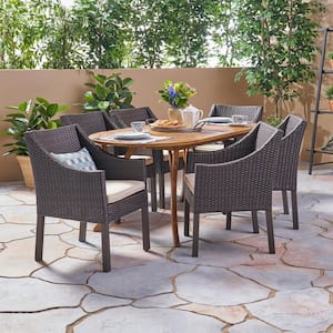 Vermont Multi-Brown 7-Piece Wood and Faux Rattan Outdoor Dining Set with Beige Cushions