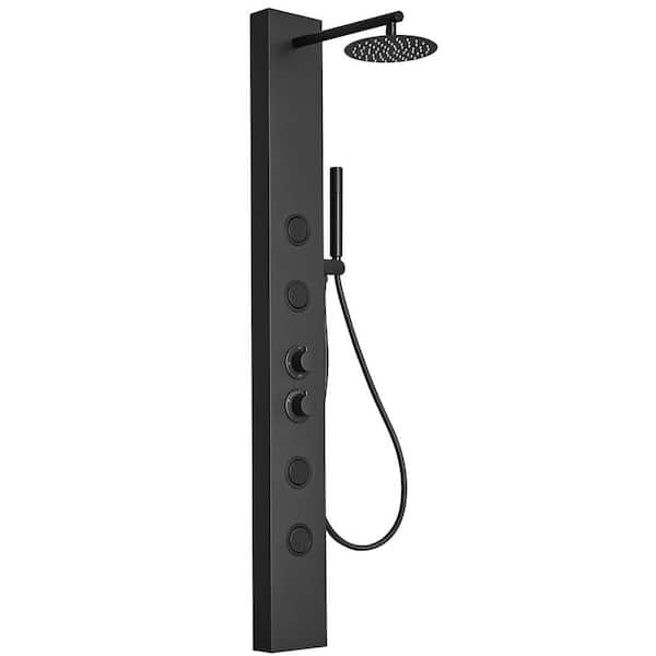 BWE 4-Jet Rainfall Shower Tower Shower Panel System with Rainfall Waterfall Shower Head and Shower Wand in Matte Black
