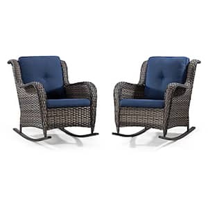 3-piece Brown Wicker Patio Outdoor Rocking Chair with Blue Premium Fabric Cushions and Matching Side Table