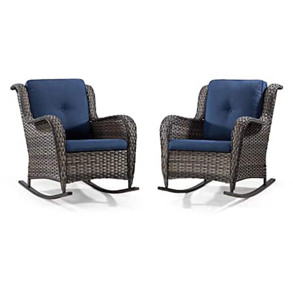 Unbranded 3-piece Brown Wicker Patio Outdoor Rocking Chair with Blue Premium Fabric Cushions and Matching Side Table