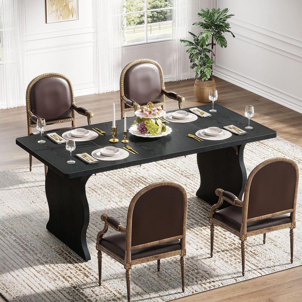 Roesler 63 in. Black Wood Rectangle Geometric Double Pedestal Dinning Room Dining Table Seat 6 Modern Farmhouse price history on PriceWatchPro