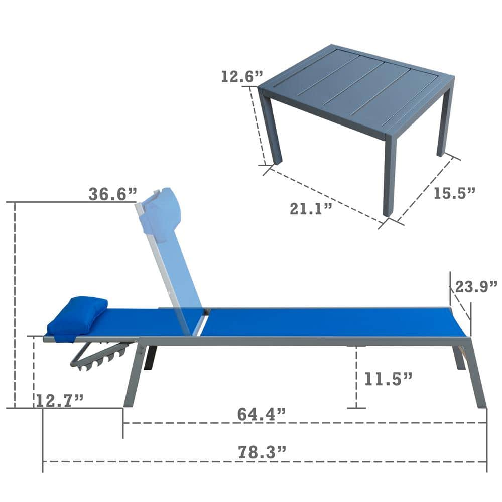 Blue Adjustable Wrought Iron Outdoor Chaise Lounge Set with Table