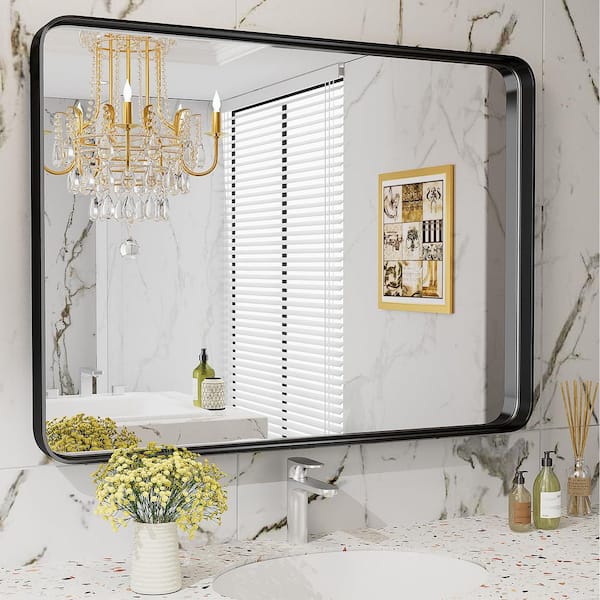 Black 30 in W x 40 in. H Farmhouse Rectangle Metal Framed Mirror Bathroom Vanity Mirror for Wall