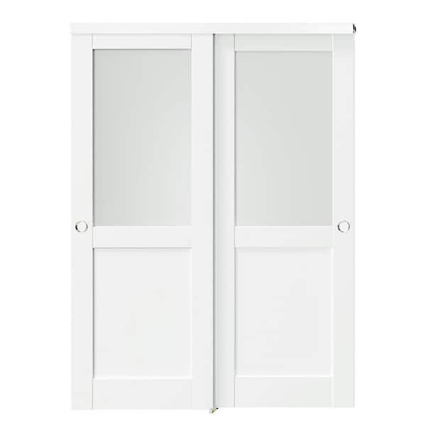 56 in. x 80 in. White, Solid Core MDF, 1/2 Lite, Double Frosted Glass Panel Bypass Sliding Door with Aluminium Hardware