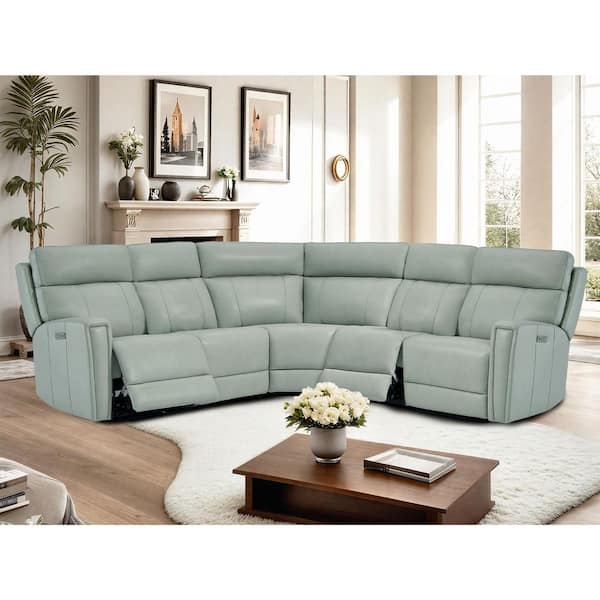 Ellesophas Rhett 104 in. Genuine Leather Power Recliner Sectional Sofa with Zero Gravity, Dual Power, USB&USB-C Port in. SeaFoam