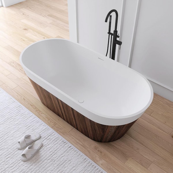 Maria 63 in. x 29.5 in. Stone Resin Solid Surface Flatbottom Freestanding Soaking Bathtub in Woodgrain and White