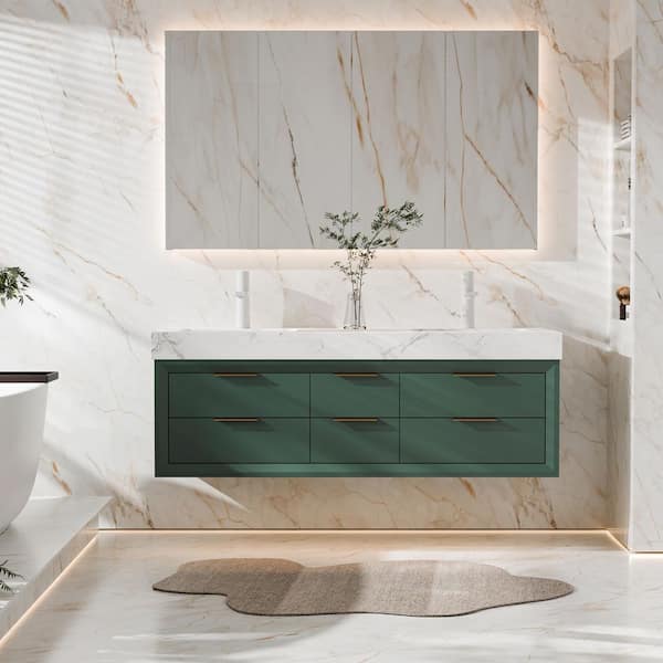 Wenlorin 60 in. Double Sinks Floating Green Bath Vanity with White Engineered Marble Top Pre-assembled