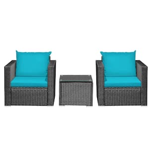 3-Piece Wicker Patio Conversation Set with Turquoise Cushions and Tempered Glass-Top Table