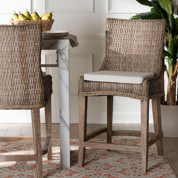 Derris 41 in. H Greywashed Rattan and Wood Counter Stool