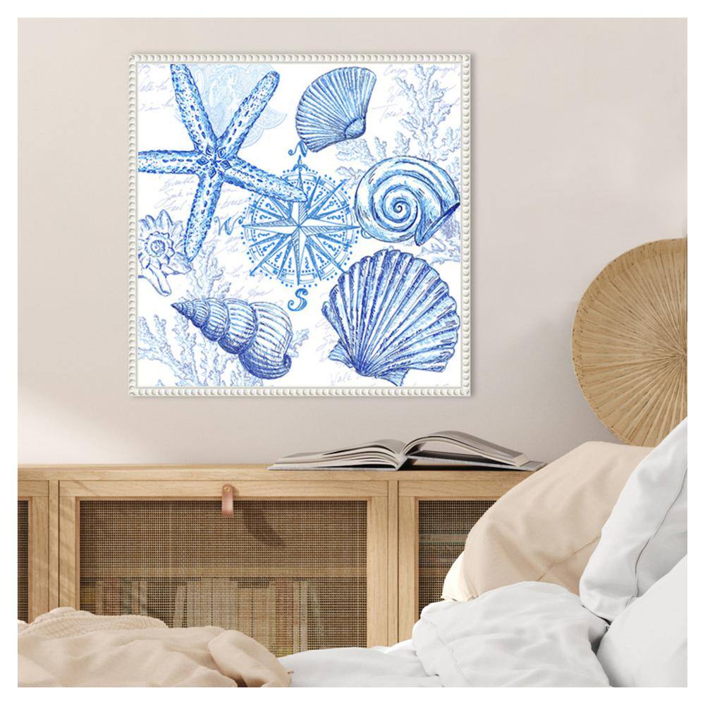 Blue Coastal Shells and Starfish Canvas Print with White Frame