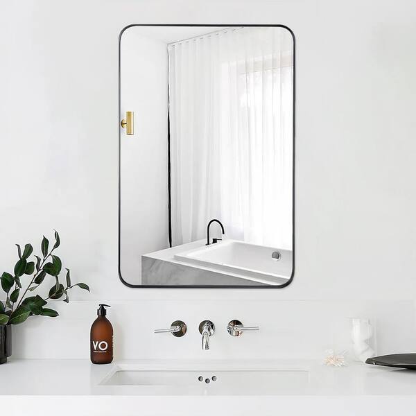 PRIMEPLUS 16 in. W x 24 in. H Small Modern Rectangle Stainless Steel Wall Mirror Bathroom Mirror Vanity Mirror in Brushed Black