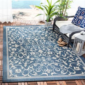 Courtyard Navy/Beige 4 ft. x 4 ft. Border Scroll Floral Indoor/Outdoor Patio  Square Area Rug