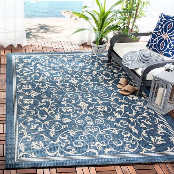 Courtyard Navy/Beige 8 ft. x 10 ft. Border Scroll Floral Indoor/Outdoor Patio  Area Rug