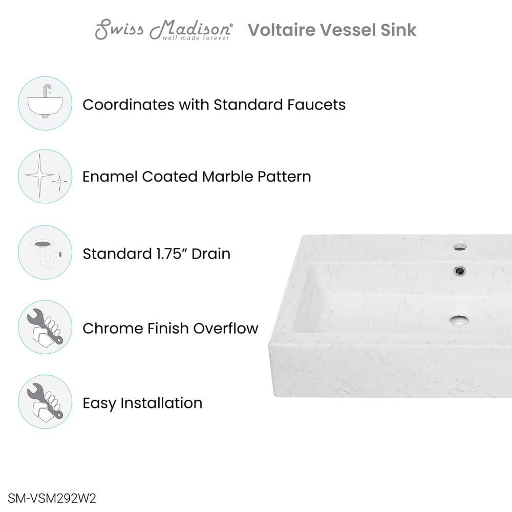 Voltaire Wide Rectangle Ceramic Vessel Sink in Static Marble