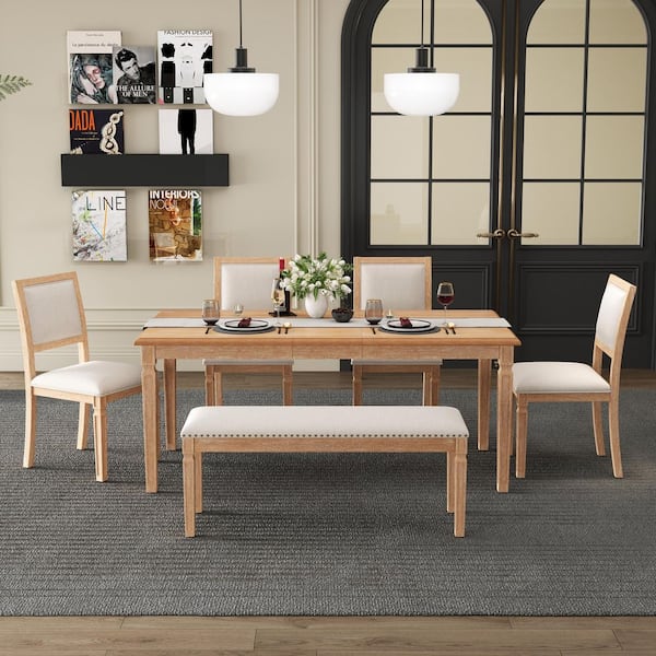 Ignatia Farmhouse 6-Piece Natural Washed Wood Extendable Dining Table Set with Upholstered Chairs and Bench, Seats 6