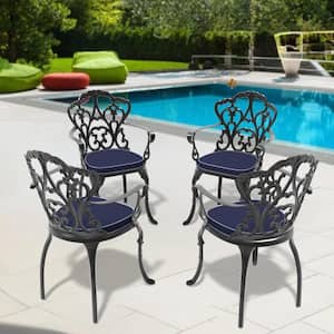 Black Cast Aluminum Patio Outdoor Dining Chair with Random Color Cushion (4-Pack)