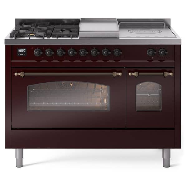 ILVE Nostalgie II 48 in. 5 Burner+Frenchtop+Griddle Freestanding Double Oven Dual Fuel Range in Burgundy with Bronze