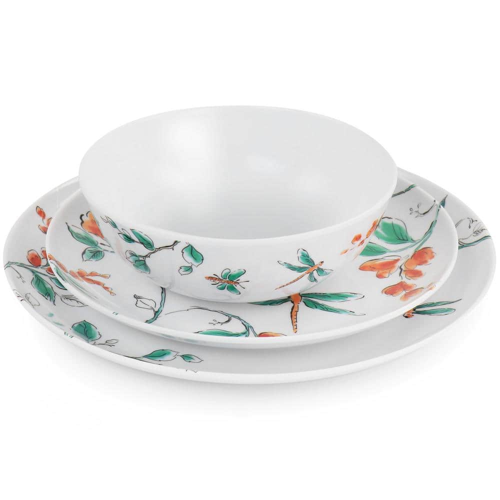 White Floral Dragonfly Melamine Dinnerware Set, Service for 4