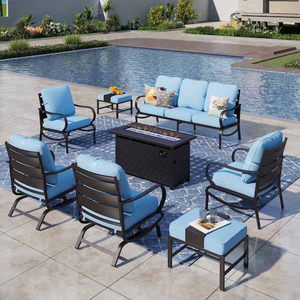PHI VILLA 9 Seat 8-Piece Metal Outdoor Patio Conversation Set with Blue Cushions, Rocking Chairs, Rectangular Fire Pit Table
